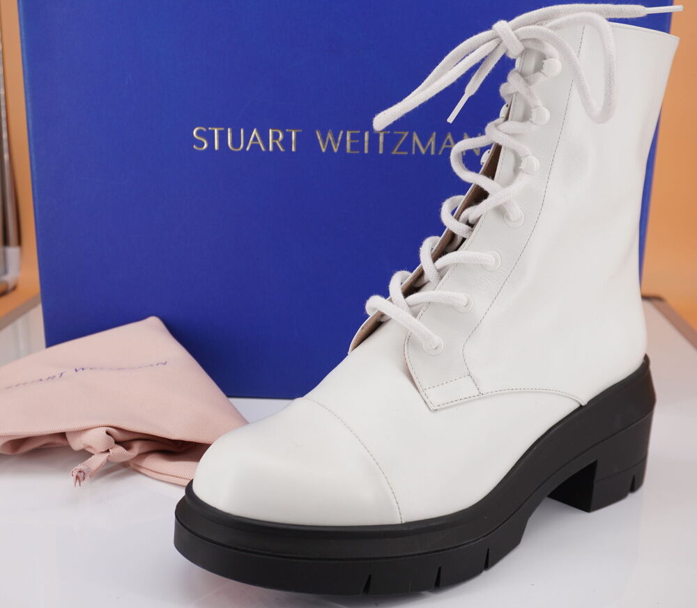 Stuart Weitzman Nisha White Military Ankle Boots Size 8.5 NEW $595 Granny Lace